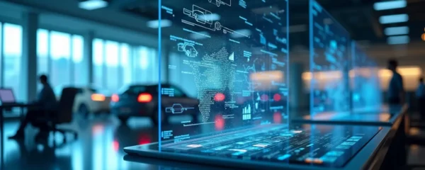 Vue conceptuelle d'une agence de location automobile moderne avec interface digitale