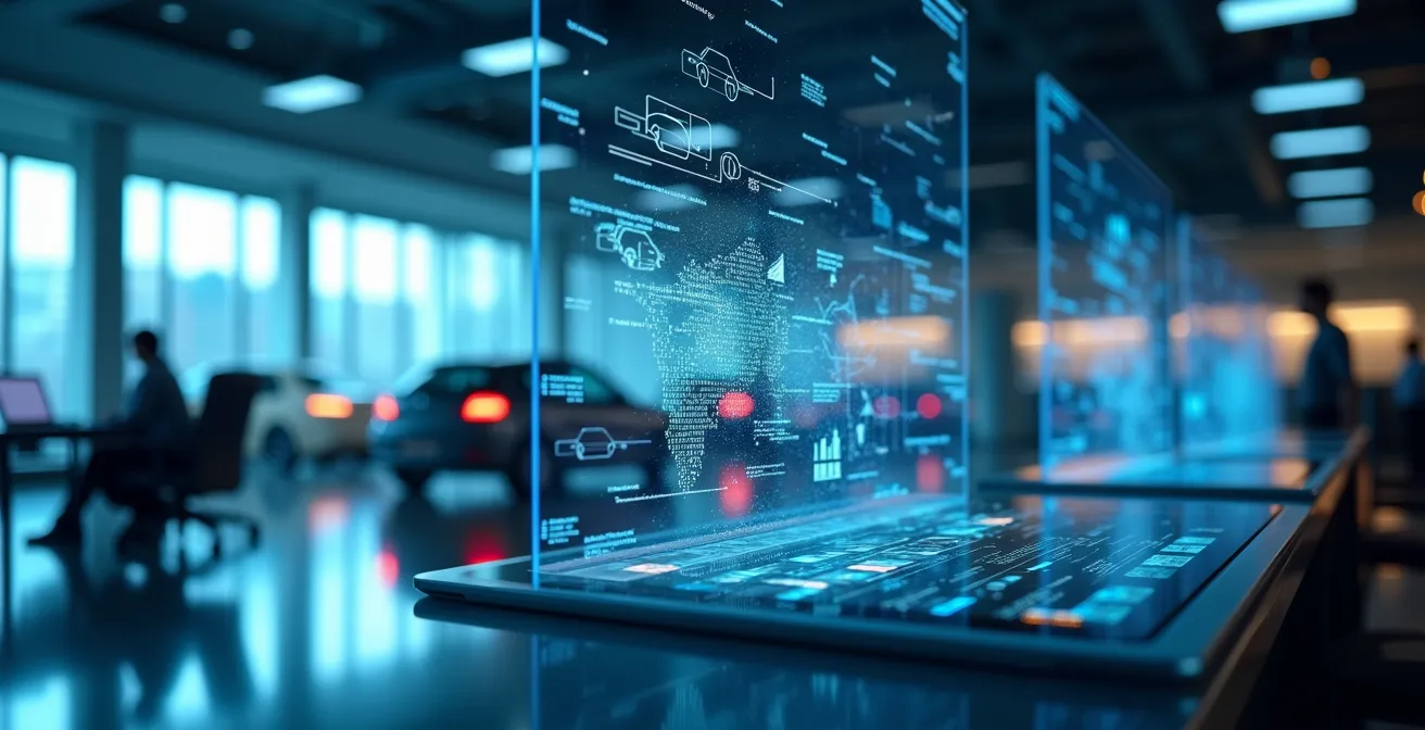 Vue conceptuelle d'une agence de location automobile moderne avec interface digitale