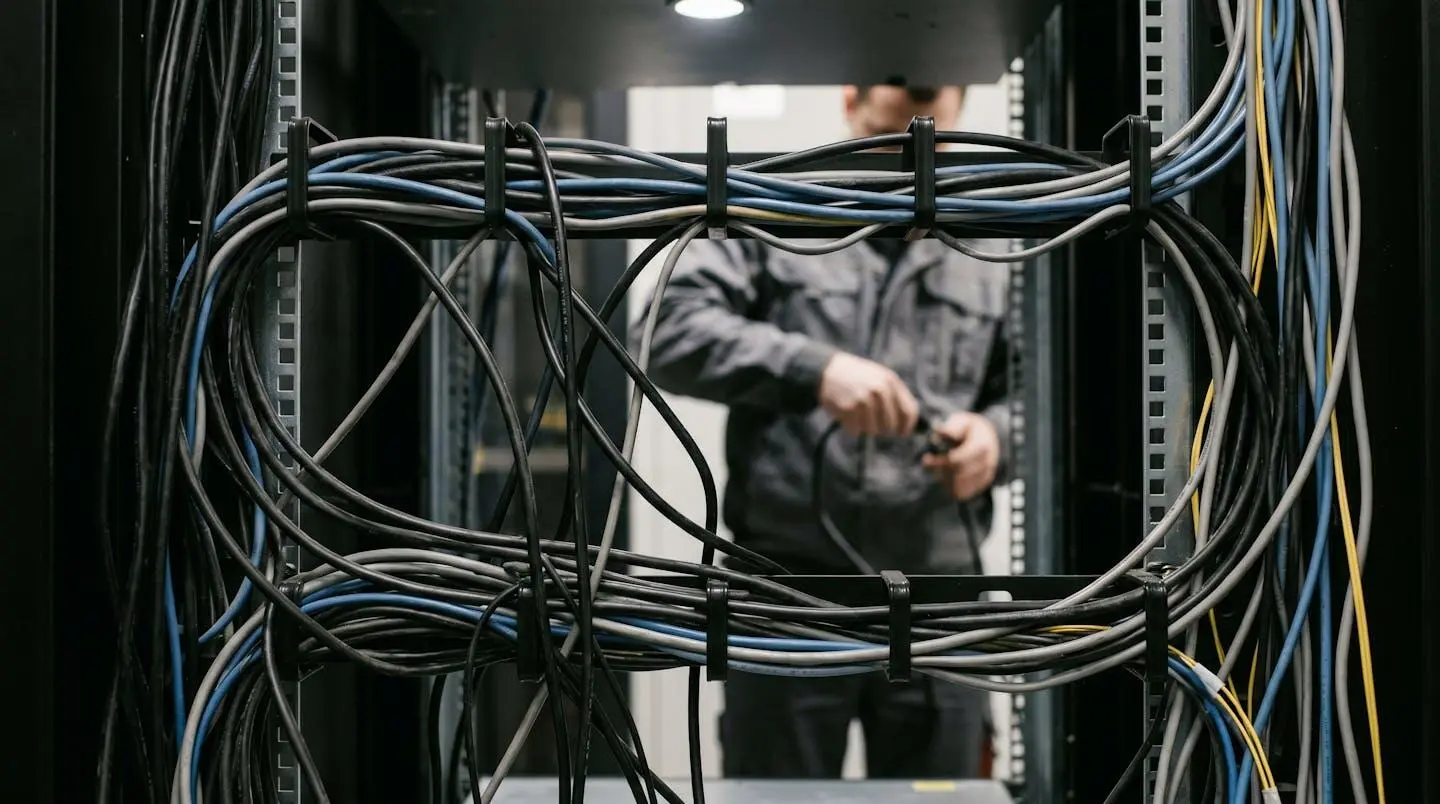 Arrière d'un rack de serveur avec des câbles emmêlés et un technicien flou en arrière-plan.