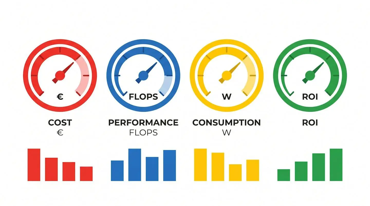 Tableau de bord minimaliste avec des jauges pour le coût, la performance, la consommation et le ROI d'un investissement GPU.