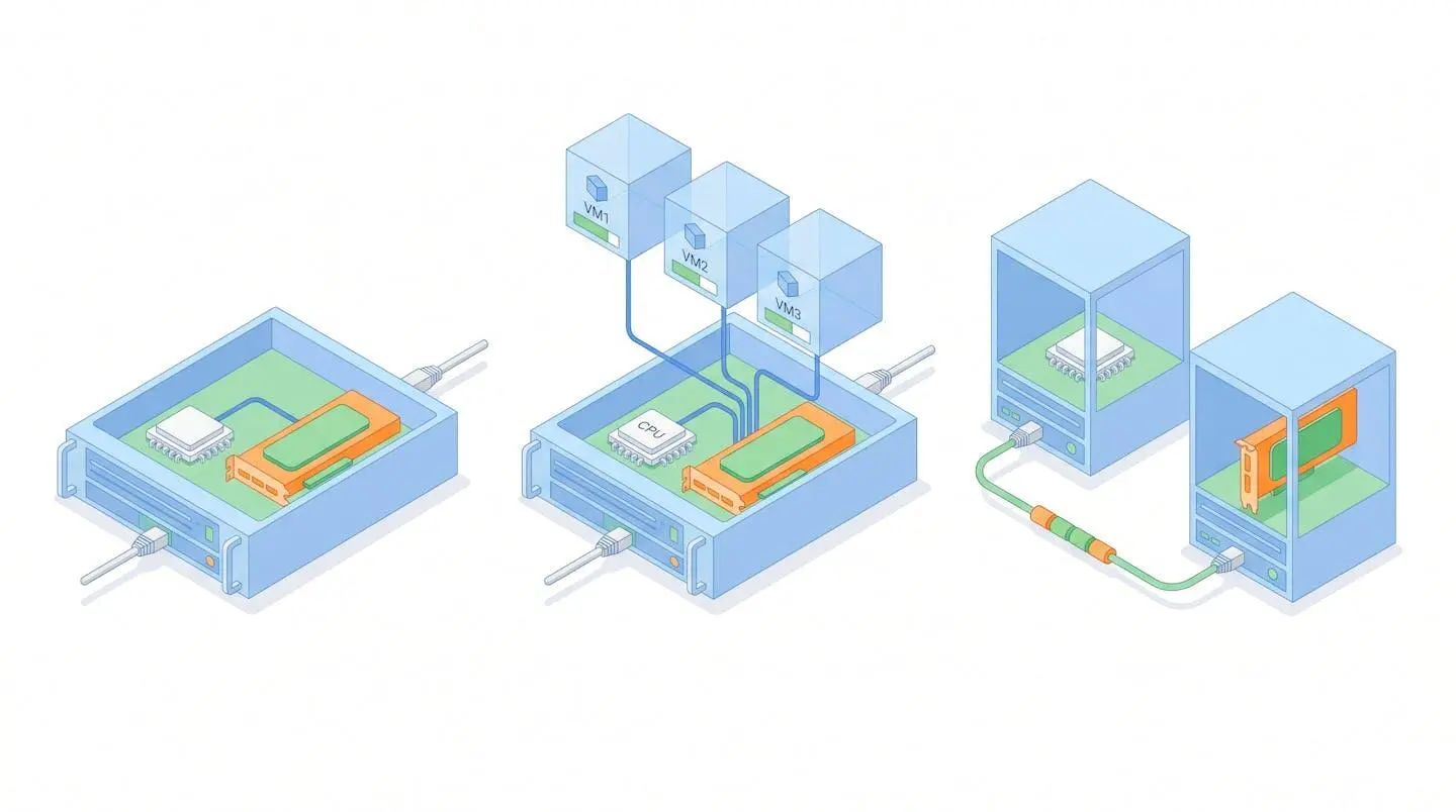 Trois schémas isométriques illustrant les architectures GPU dédié, GPU partagé et hybride CPU+GPU.
