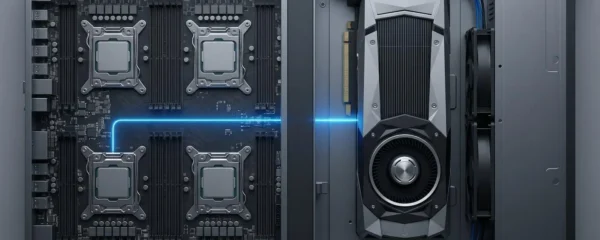 Vue en plongée d'un rack de serveur avec des CPU à gauche et un GPU à droite, reliés par un faisceau lumineux bleu.