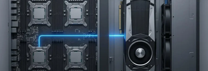 Vue en plongée d'un rack de serveur avec des CPU à gauche et un GPU à droite, reliés par un faisceau lumineux bleu.