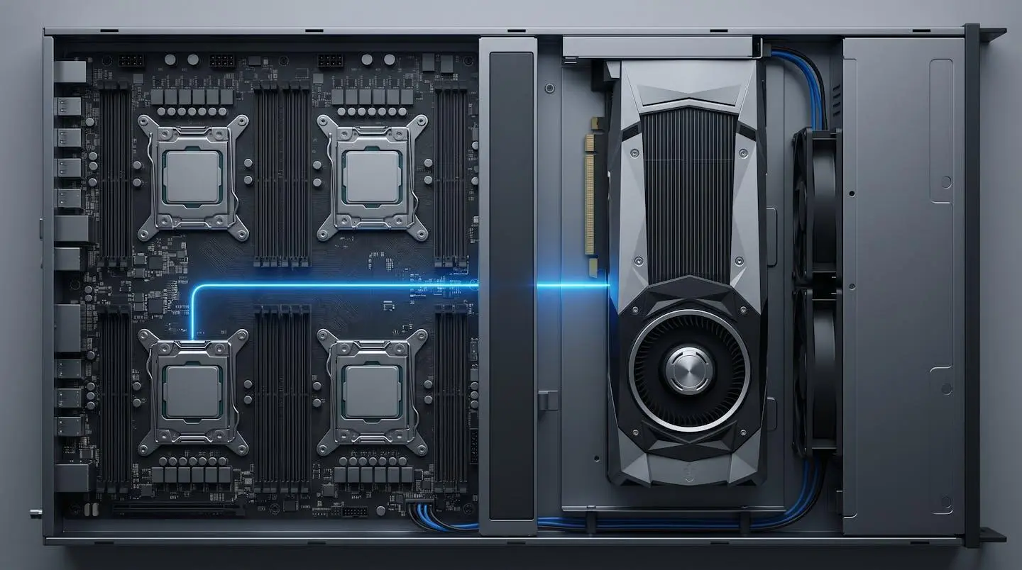 Vue en plongée d'un rack de serveur avec des CPU à gauche et un GPU à droite, reliés par un faisceau lumineux bleu.