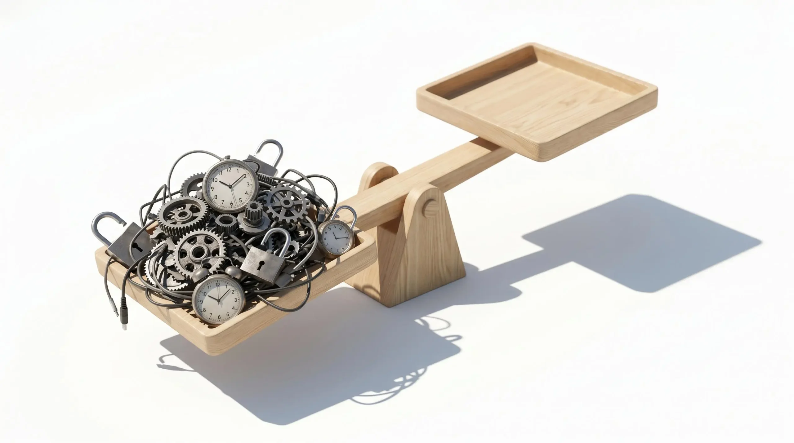 Balance en bois déséquilibrée avec un plateau surchargé d'engrenages, cadenas et câbles symbolisant la complexité de la gestion informatique autonome