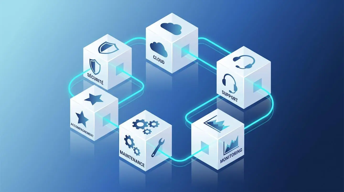 Schéma isométrique représentant 6 blocs modulaires interconnectés symbolisant les services d'infogérance : sécurité, cloud, support, monitoring, maintenance et accompagnement