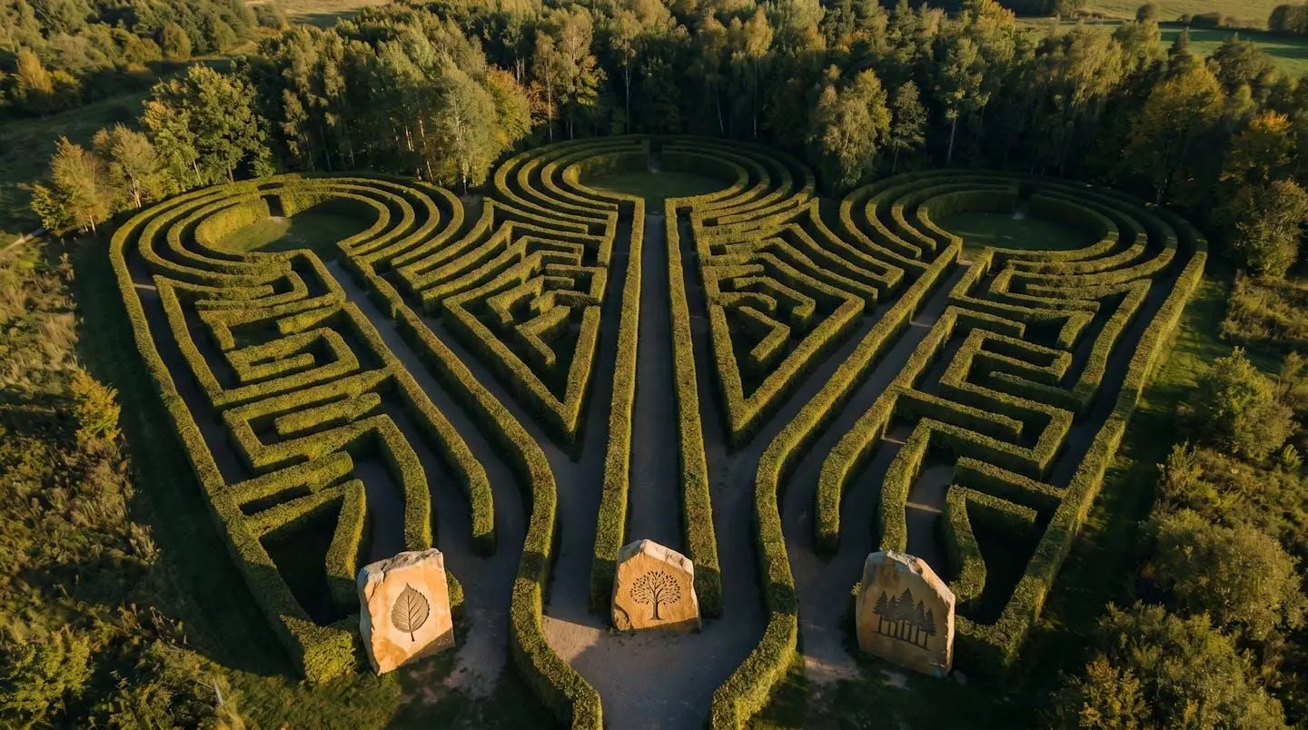 Vue aérienne d'un labyrinthe végétal avec trois chemins distincts symbolisant les différents parcours de sélection selon la taille d'entreprise