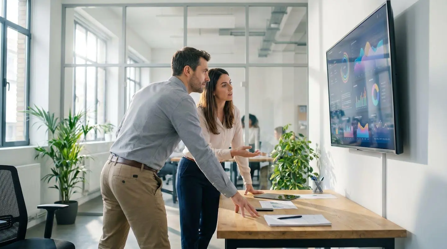 Deux professionnels en train d'examiner des graphiques d'analyse de données sur un grand écran dans un open space lumineux