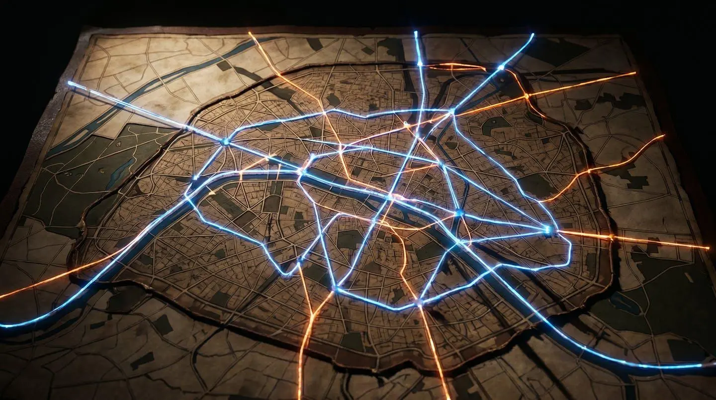 Vue aérienne stylisée de nœuds lumineux interconnectés sur fond sombre représentant le routage des paquets de données à travers un réseau européen