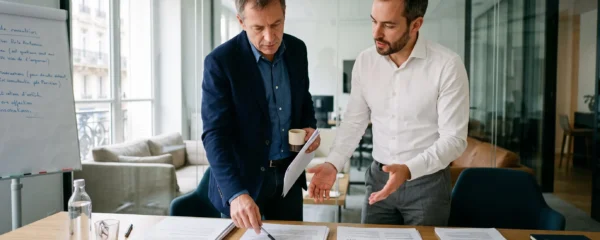 Un dirigeant d'entreprise et un consultant debout à une table, comparant plusieurs propositions imprimées de conseil et de formation dans une salle de réunion.
