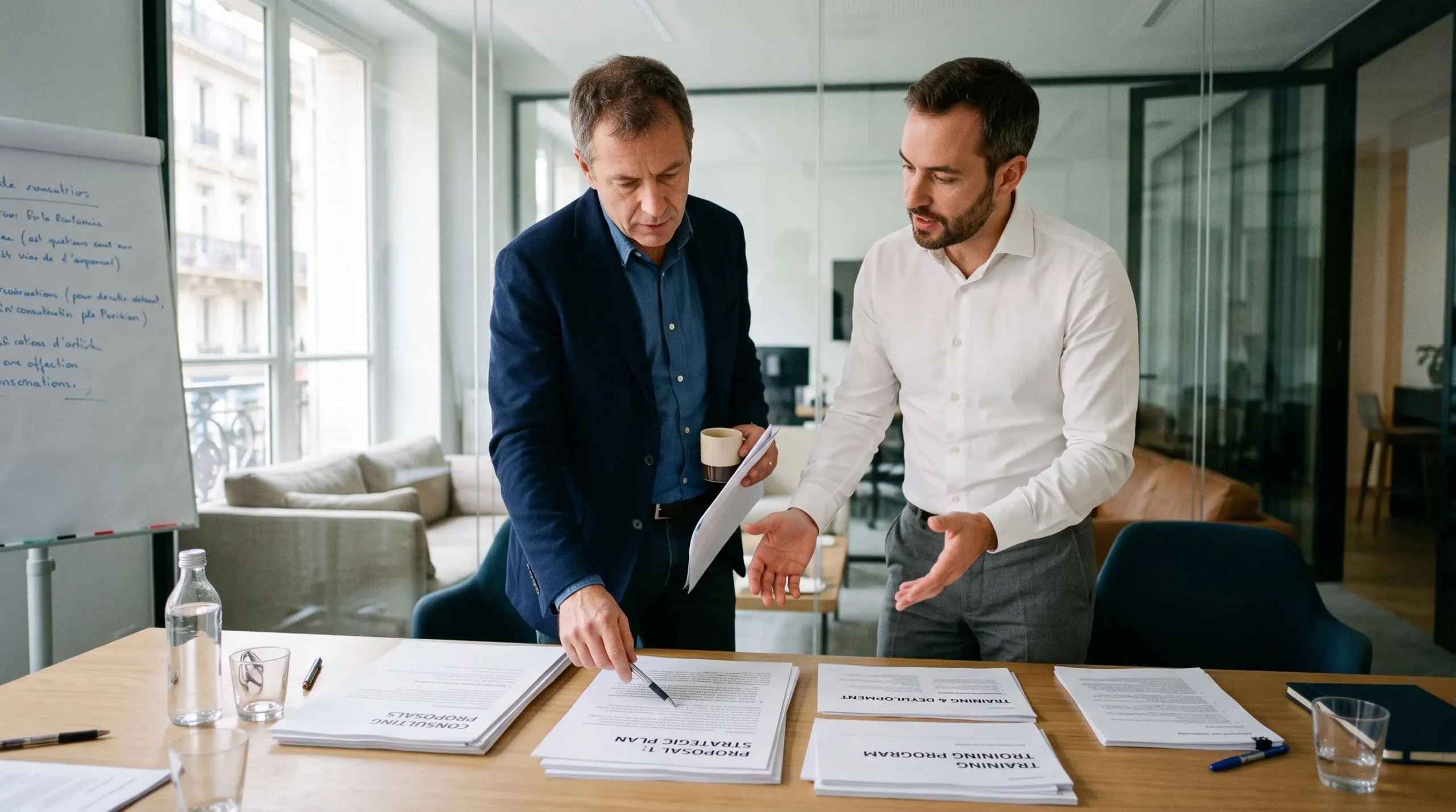 Un dirigeant d'entreprise et un consultant debout à une table, comparant plusieurs propositions imprimées de conseil et de formation dans une salle de réunion.