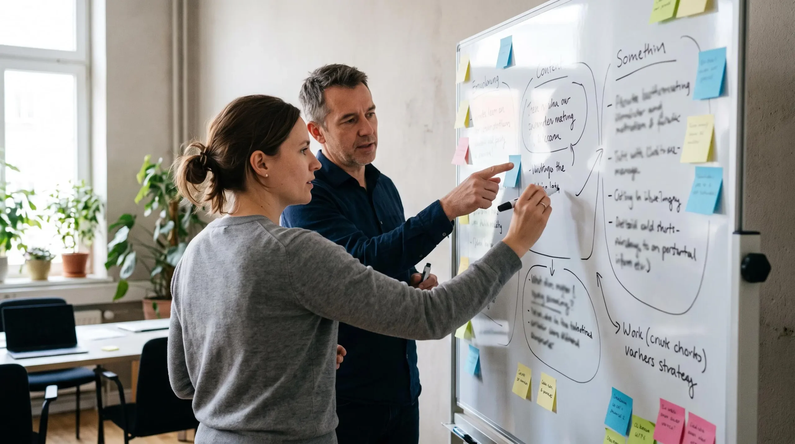 Deux professionnels debout devant un tableau blanc, structurant leurs besoins internes avec des notes et un feutre lors d'un atelier de réflexion.