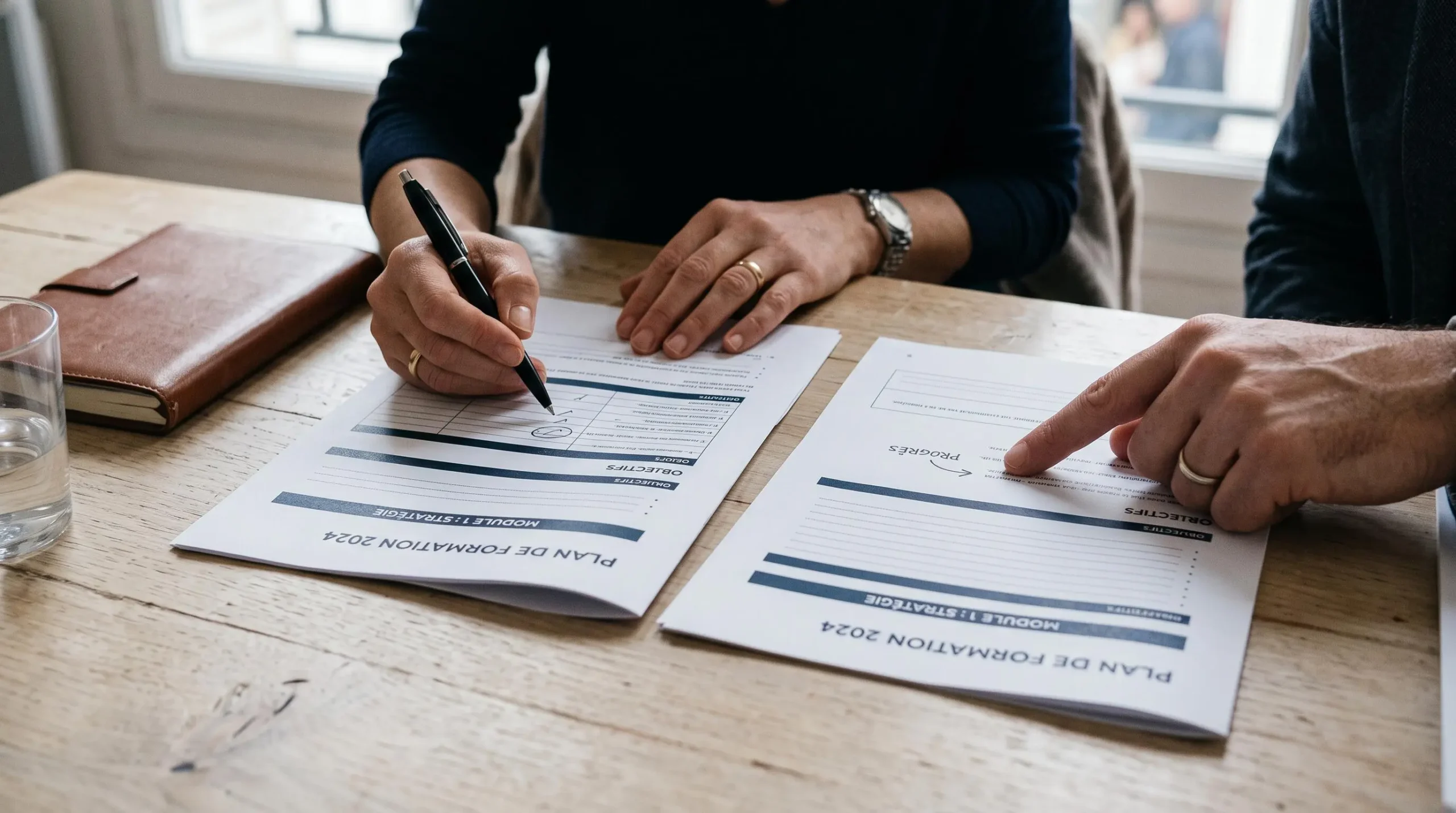 Gros plan sur deux personnes examinant et annotant des documents imprimés d'un plan de formation posés sur une table.