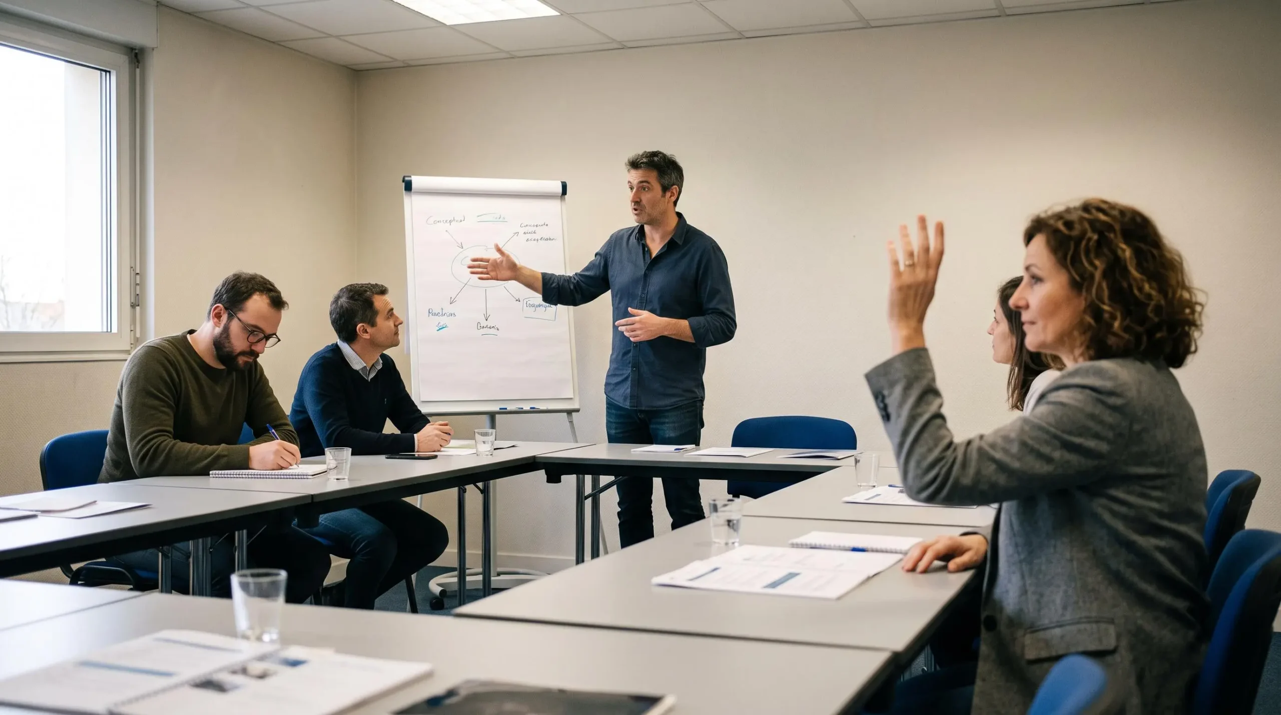 Un formateur debout devant un paperboard anime une session de formation avec un petit groupe de participants attentifs dans une salle de réunion.